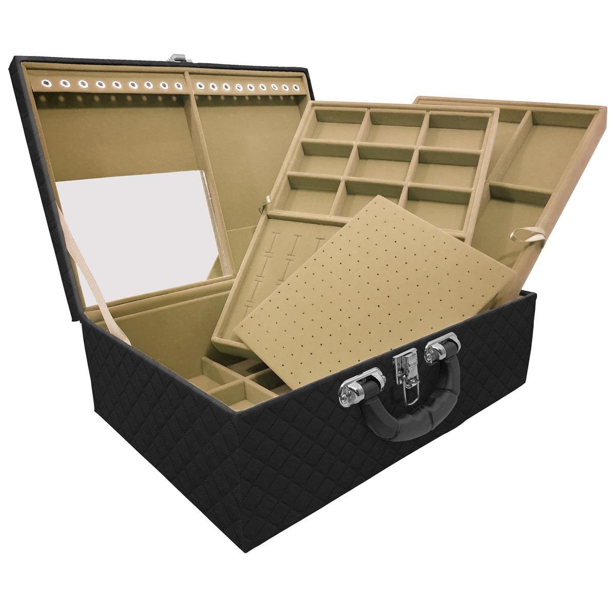 Estojo Maleta Porta Jóias Triplo Grande Dijon Preto Com Alça Preta e Espelho