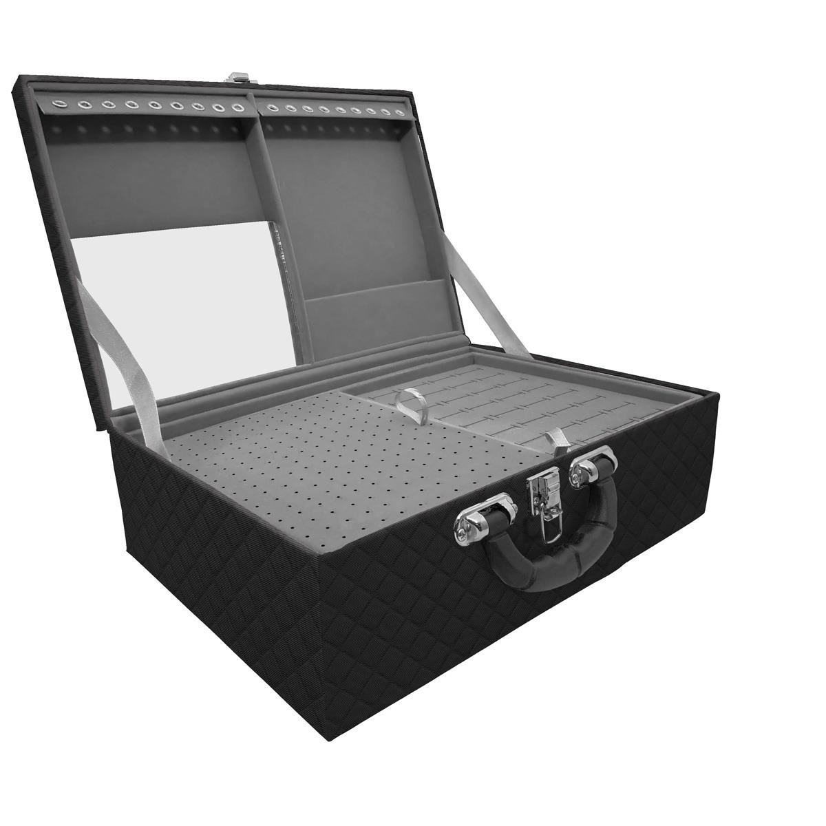 Estojo Maleta Porta Jóias Triplo Grande Dijon Preto Com Alça Preta e Espelho