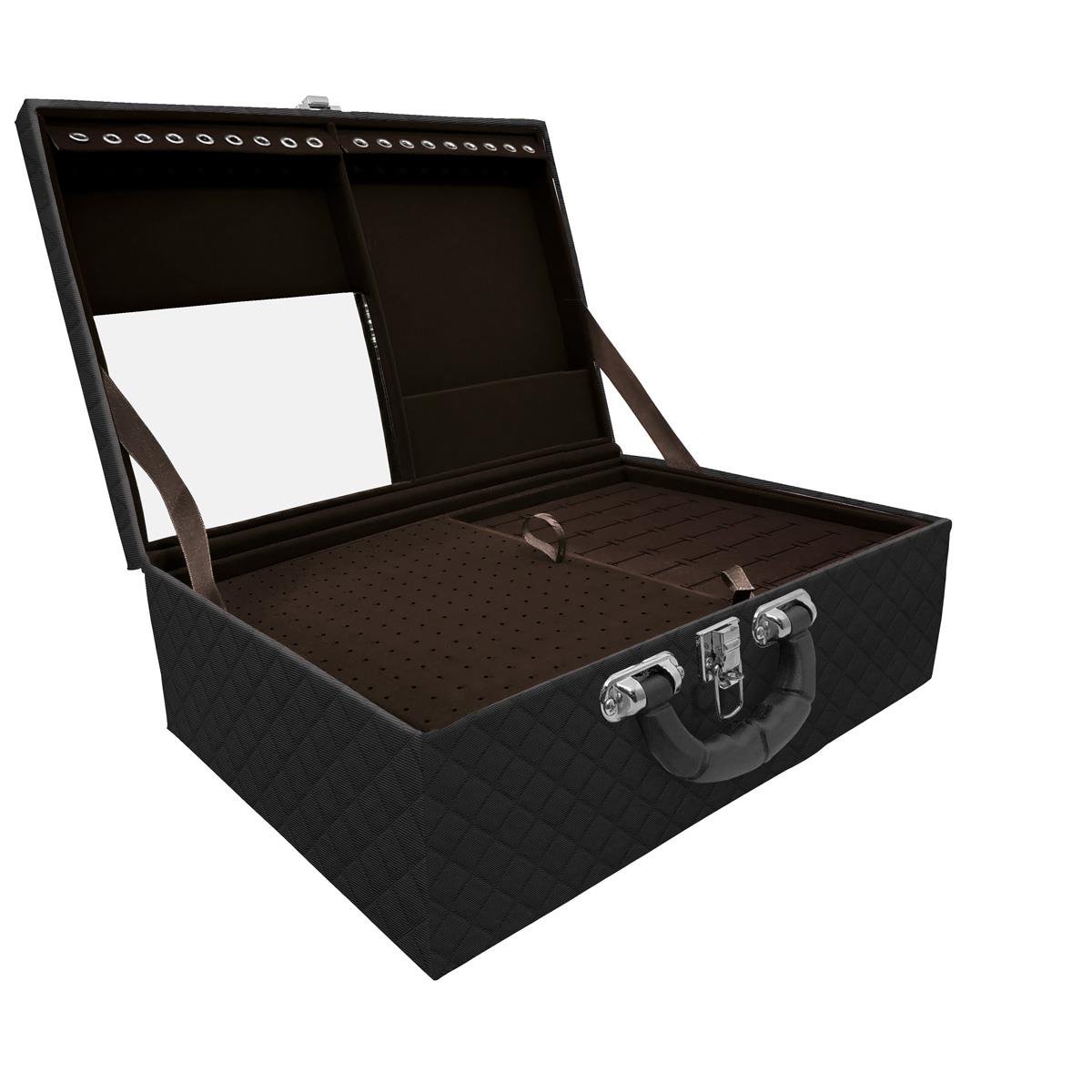 Estojo Maleta Porta Jóias Triplo Grande Dijon Preto Com Alça Preta e Espelho