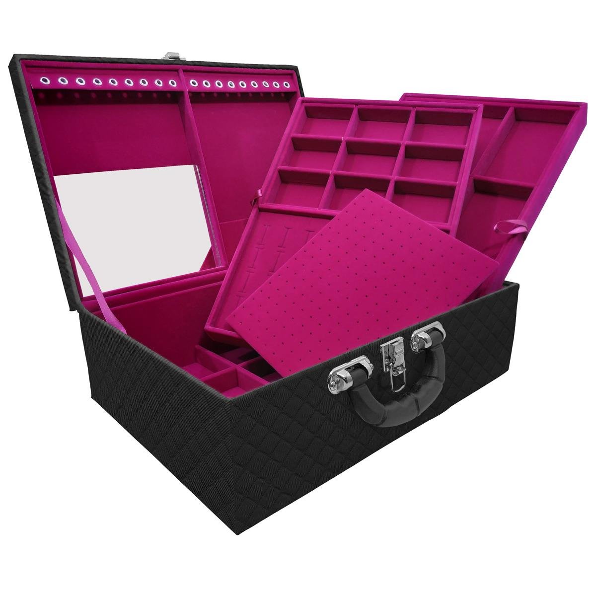 Estojo Maleta Porta Jóias Triplo Grande Dijon Preto Com Alça Preta e Espelho