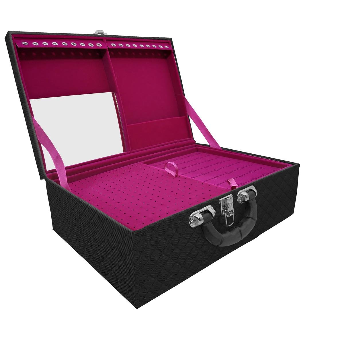 Estojo Maleta Porta Jóias Triplo Grande Dijon Preto Com Alça Preta e Espelho