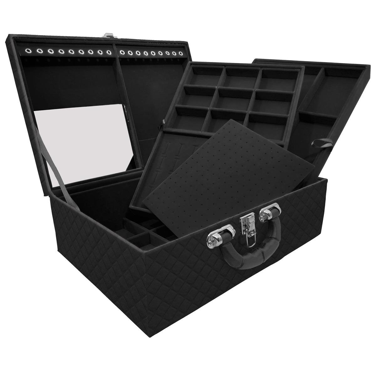 Estojo Maleta Porta Jóias Triplo Grande Dijon Preto Com Alça Preta e Espelho