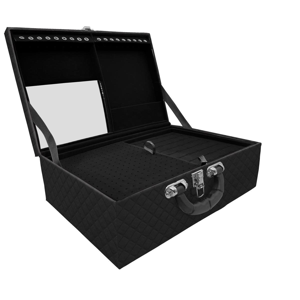 Estojo Maleta Porta Jóias Triplo Grande Dijon Preto Com Alça Preta e Espelho