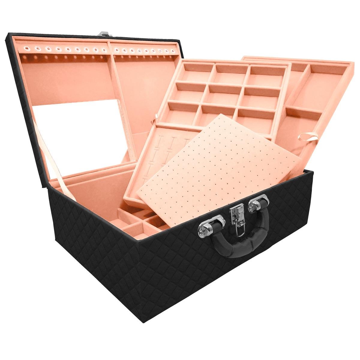 Estojo Maleta Porta Jóias Triplo Grande Dijon Preto Com Alça Preta e Espelho