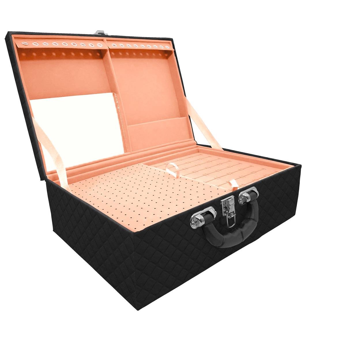 Estojo Maleta Porta Jóias Triplo Grande Dijon Preto Com Alça Preta e Espelho