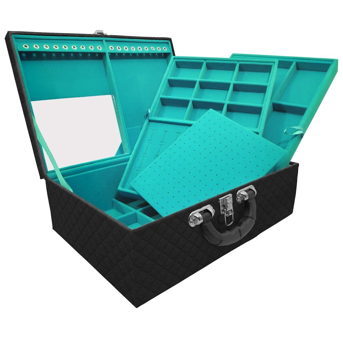 Estojo Maleta Porta Jóias Triplo Grande Dijon Preto Com Alça Preta e Espelho