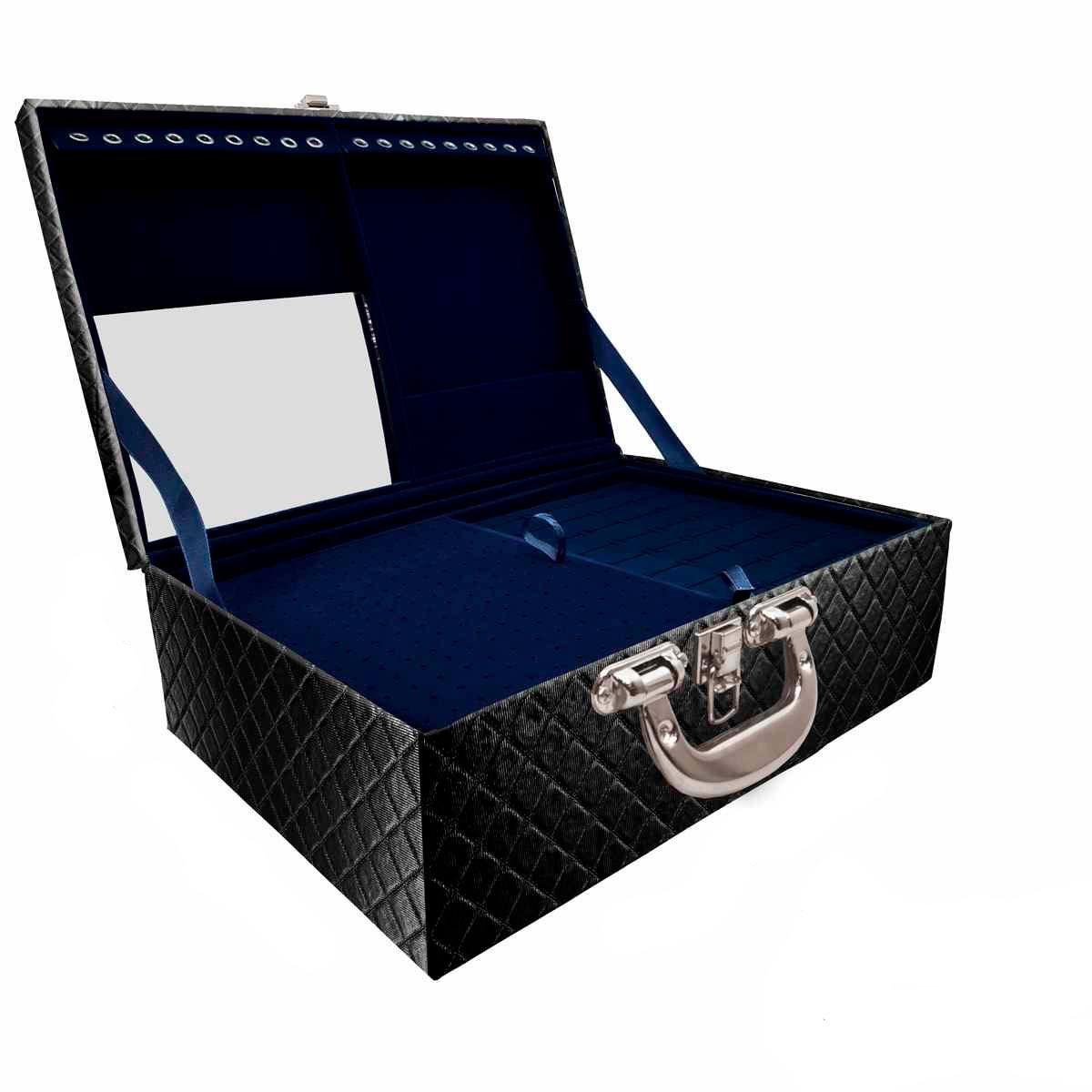 Estojo Maleta Porta Jóias Triplo Grande Dijon Preto Metalizado Com Alça Cromada e Espelho