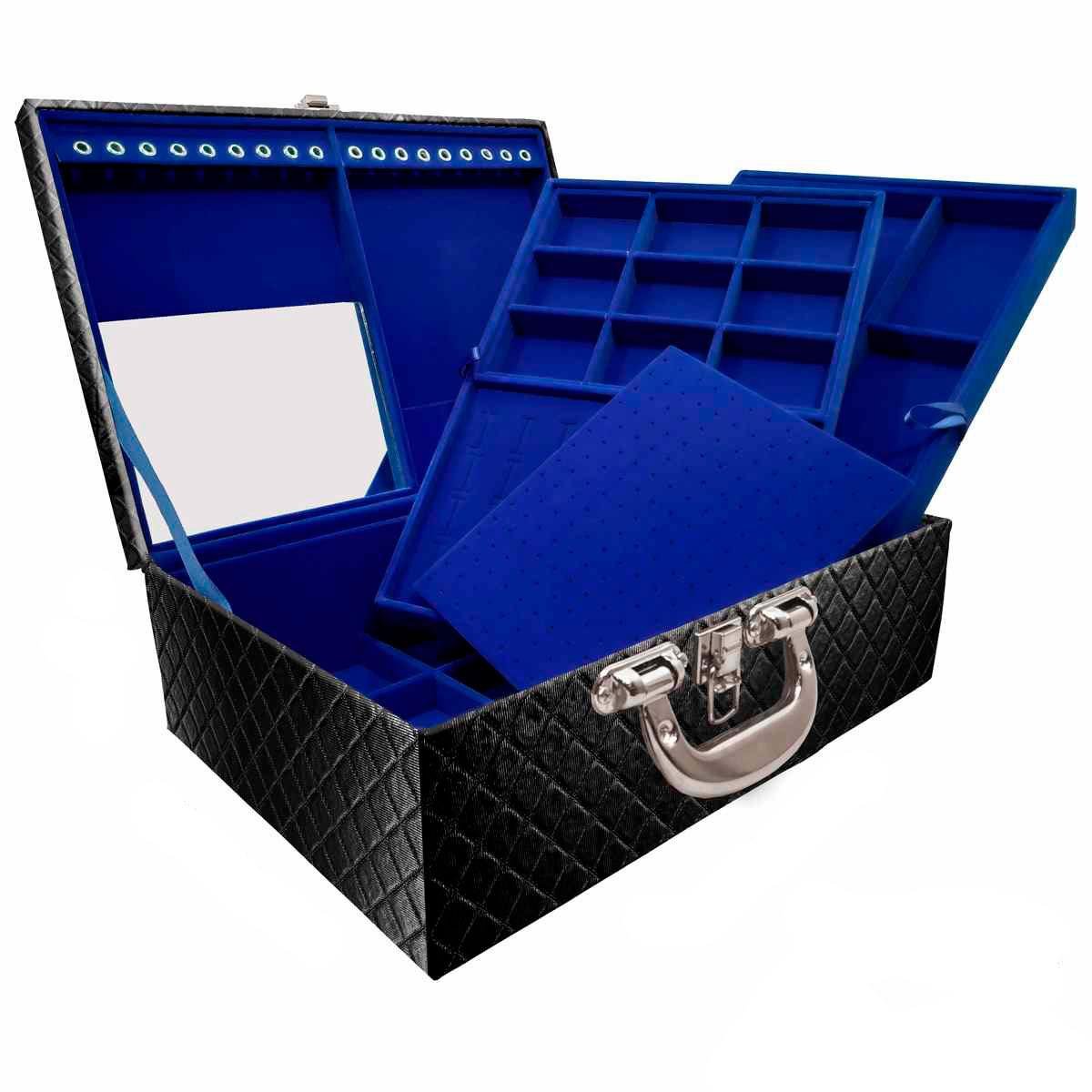 Estojo Maleta Porta Jóias Triplo Grande Dijon Preto Metalizado Com Alça Cromada e Espelho