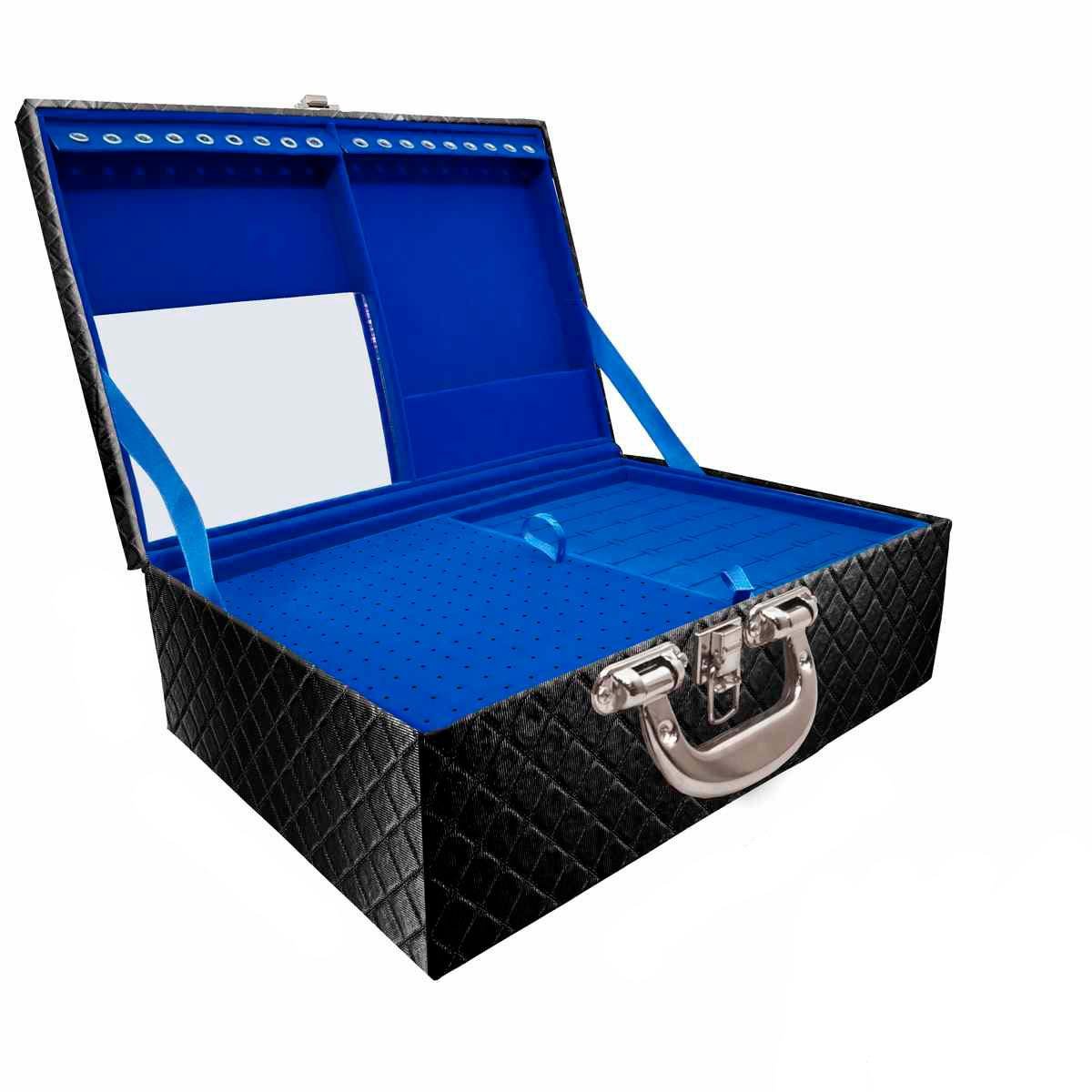 Estojo Maleta Porta Jóias Triplo Grande Dijon Preto Metalizado Com Alça Cromada e Espelho