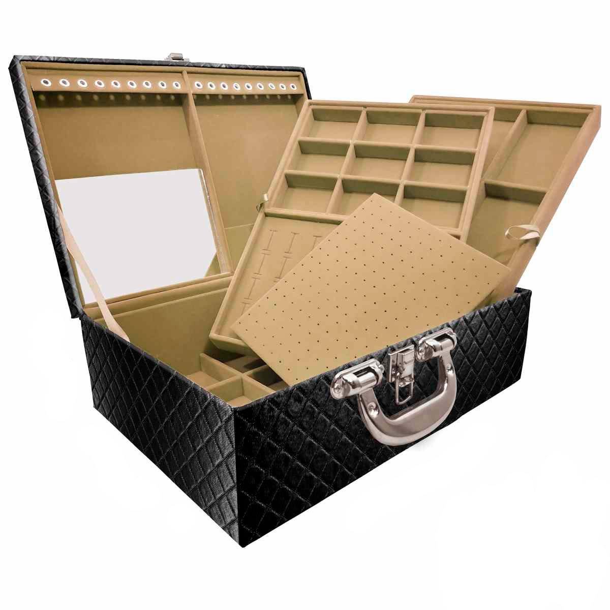 Estojo Maleta Porta Jóias Triplo Grande Dijon Preto Metalizado Com Alça Cromada e Espelho