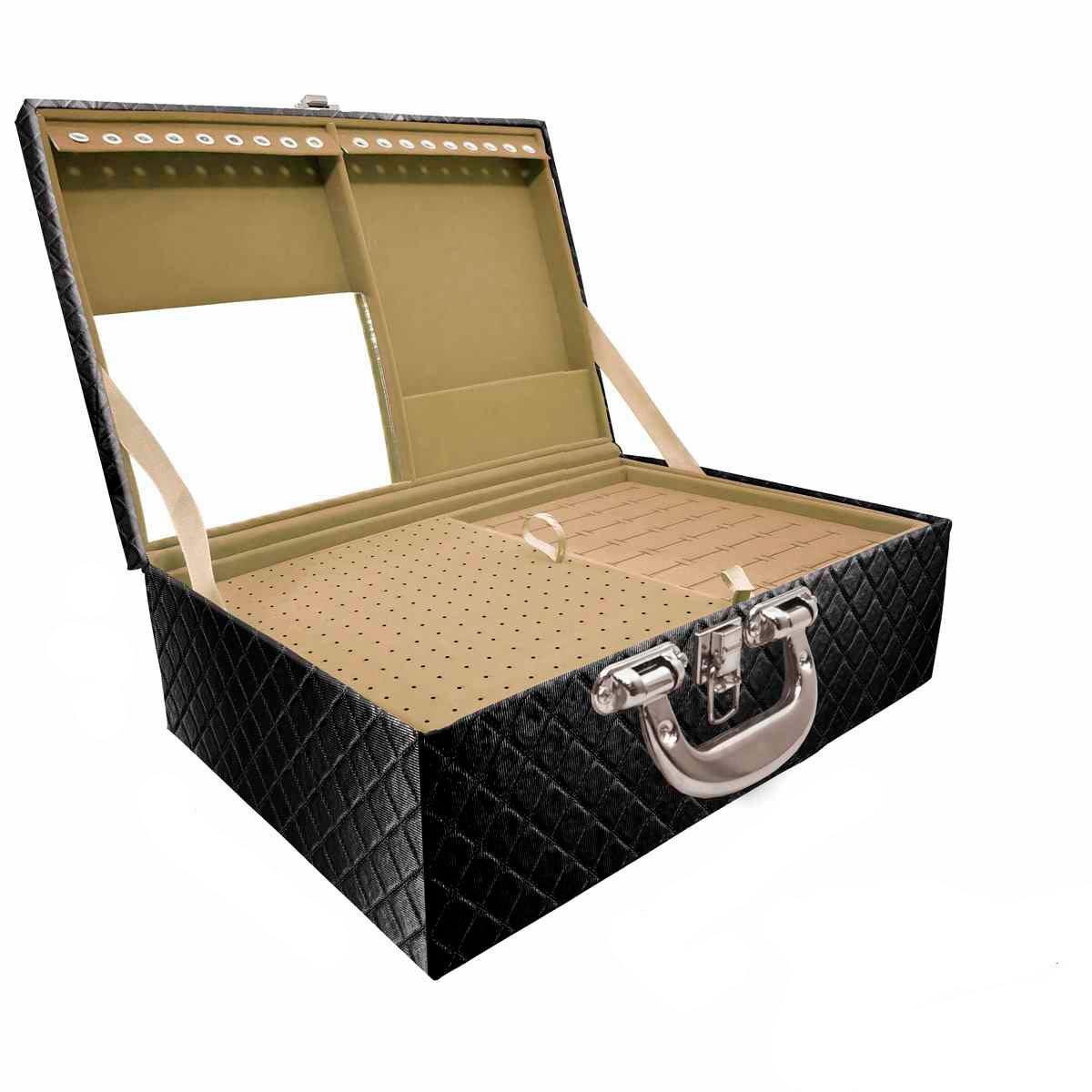 Estojo Maleta Porta Jóias Triplo Grande Dijon Preto Metalizado Com Alça Cromada e Espelho