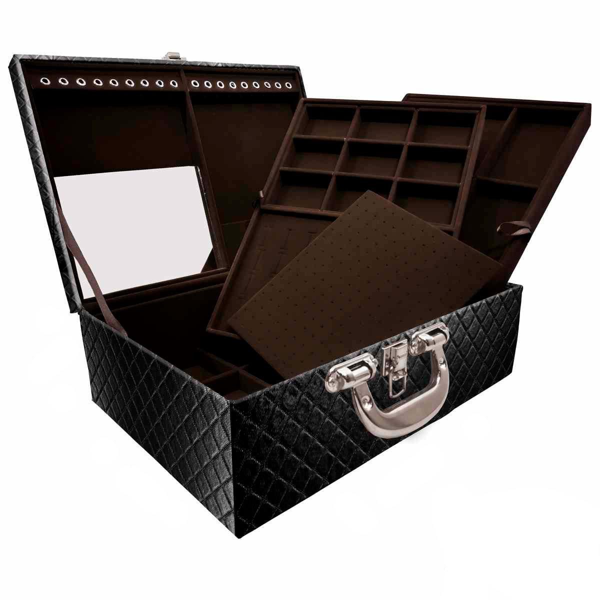 Estojo Maleta Porta Jóias Triplo Grande Dijon Preto Metalizado Com Alça Cromada e Espelho