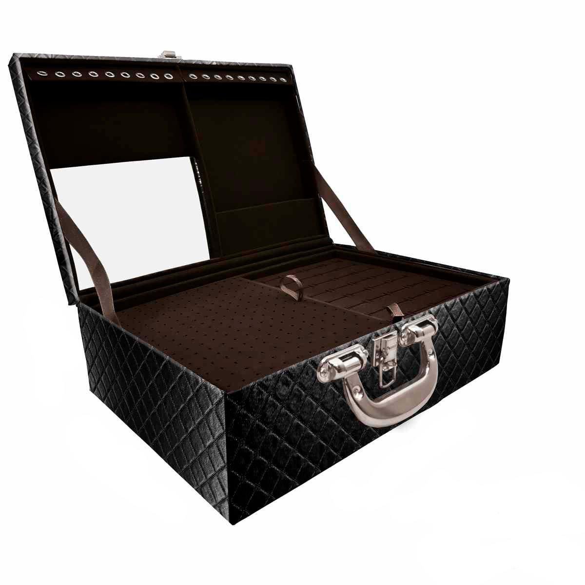 Estojo Maleta Porta Jóias Triplo Grande Dijon Preto Metalizado Com Alça Cromada e Espelho