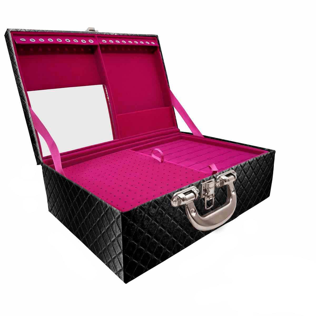 Estojo Maleta Porta Jóias Triplo Grande Dijon Preto Metalizado Com Alça Cromada e Espelho