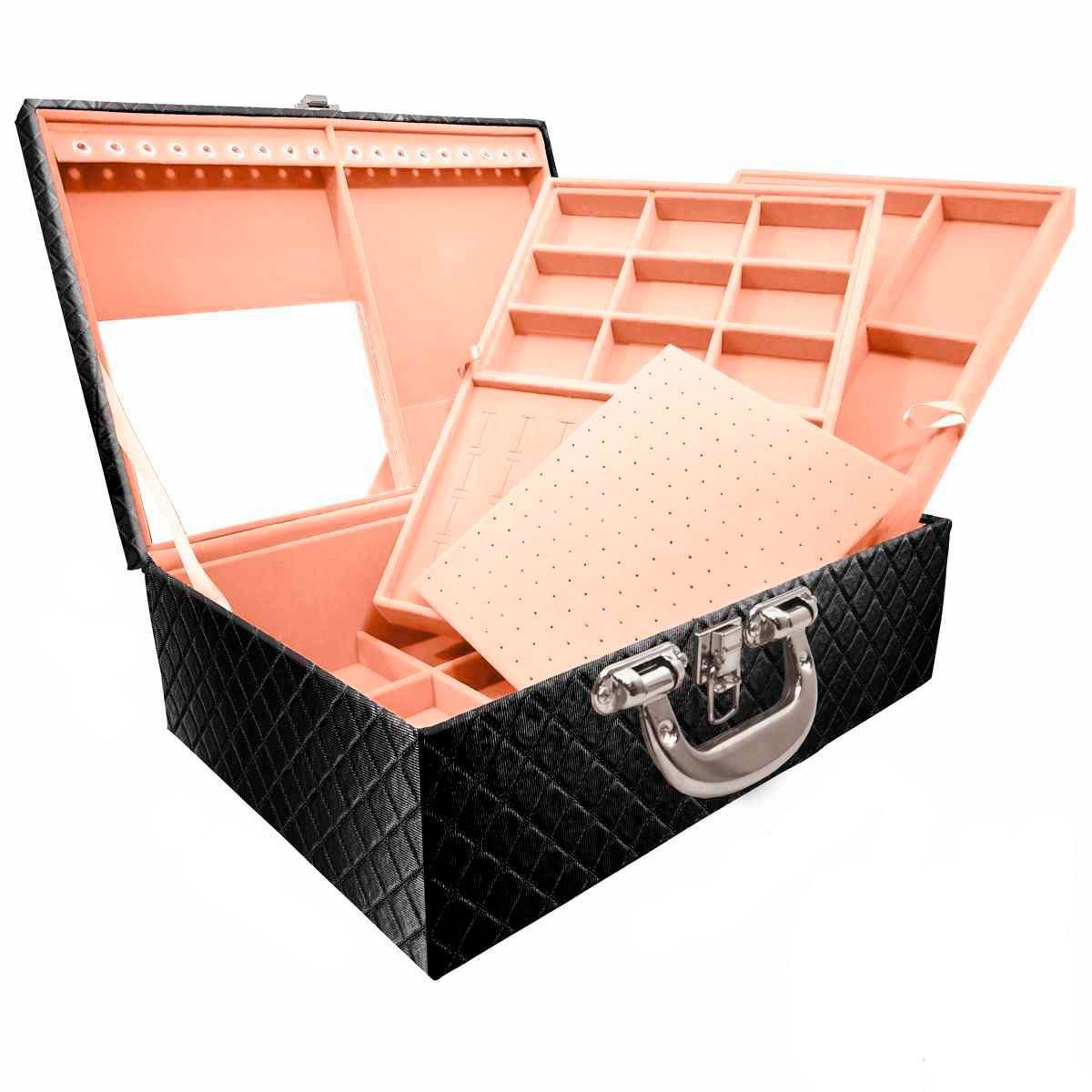 Estojo Maleta Porta Jóias Triplo Grande Dijon Preto Metalizado Com Alça Cromada e Espelho