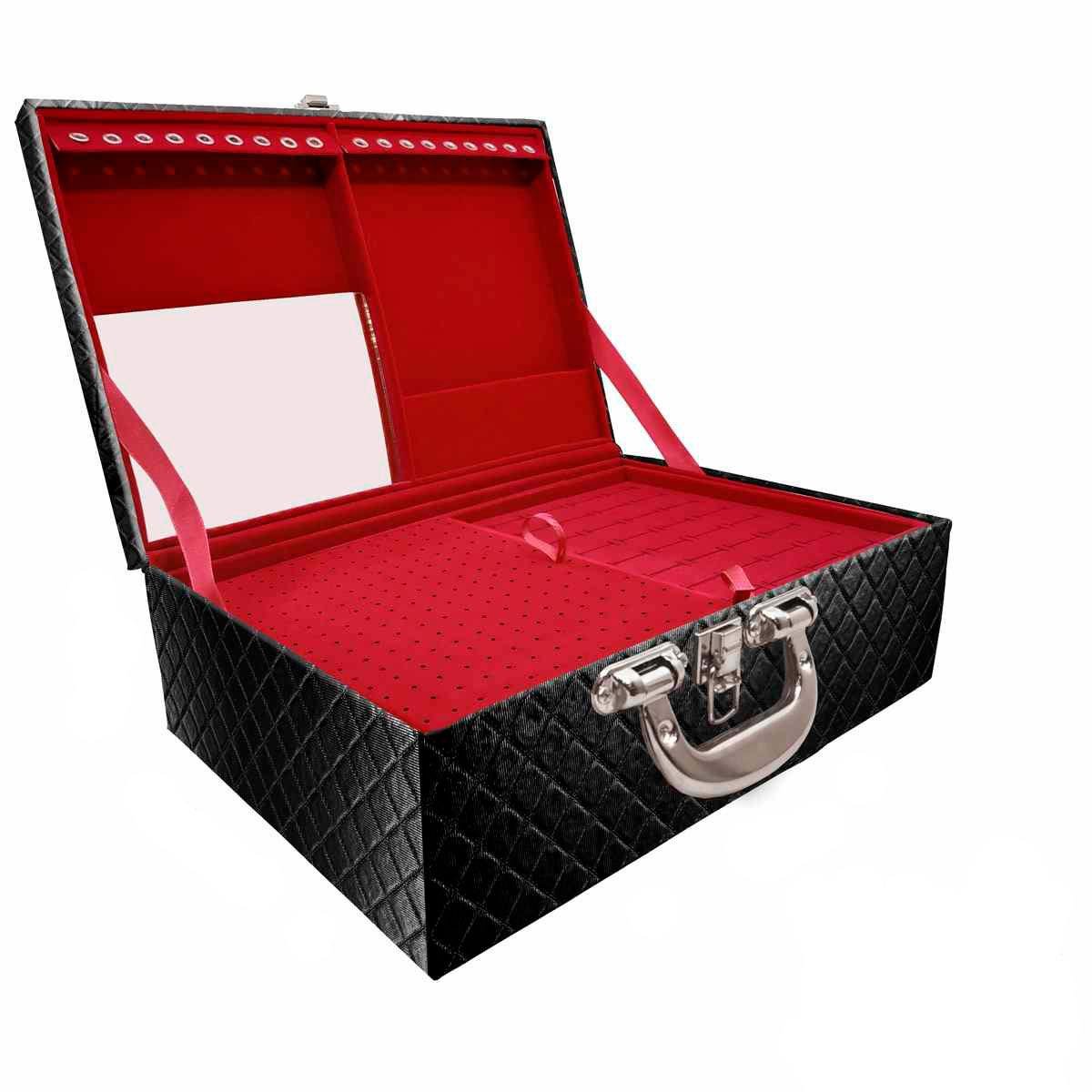 Estojo Maleta Porta Jóias Triplo Grande Dijon Preto Metalizado Com Alça Cromada e Espelho