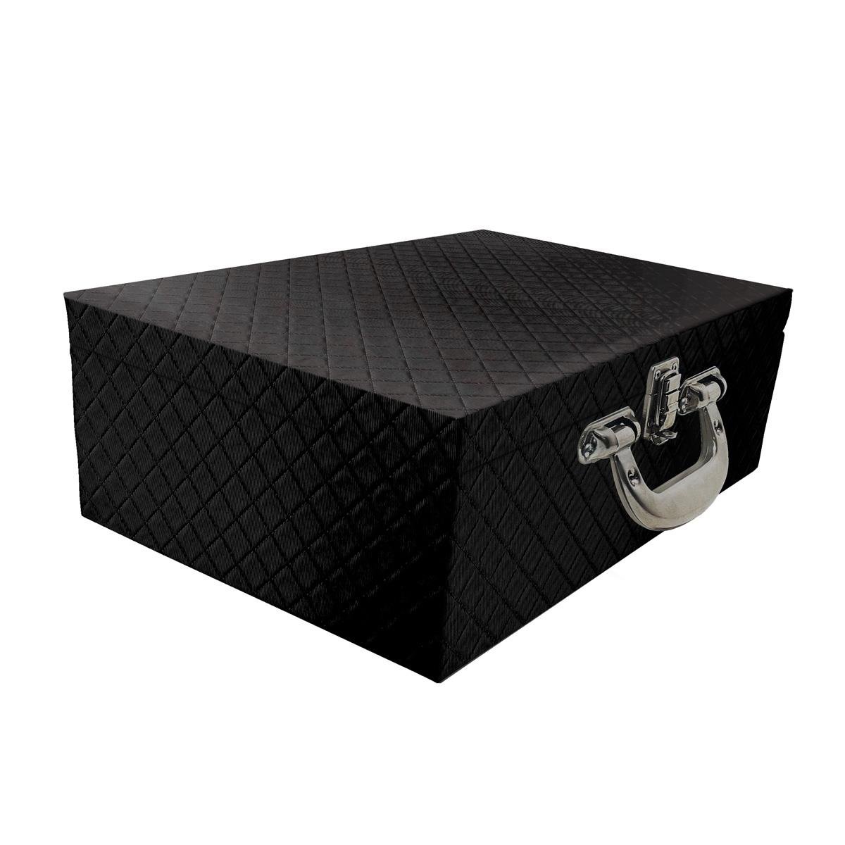 Estojo Maleta Porta Jóias Triplo Grande Dijon Preto Metalizado Com Alça Cromada e Espelho