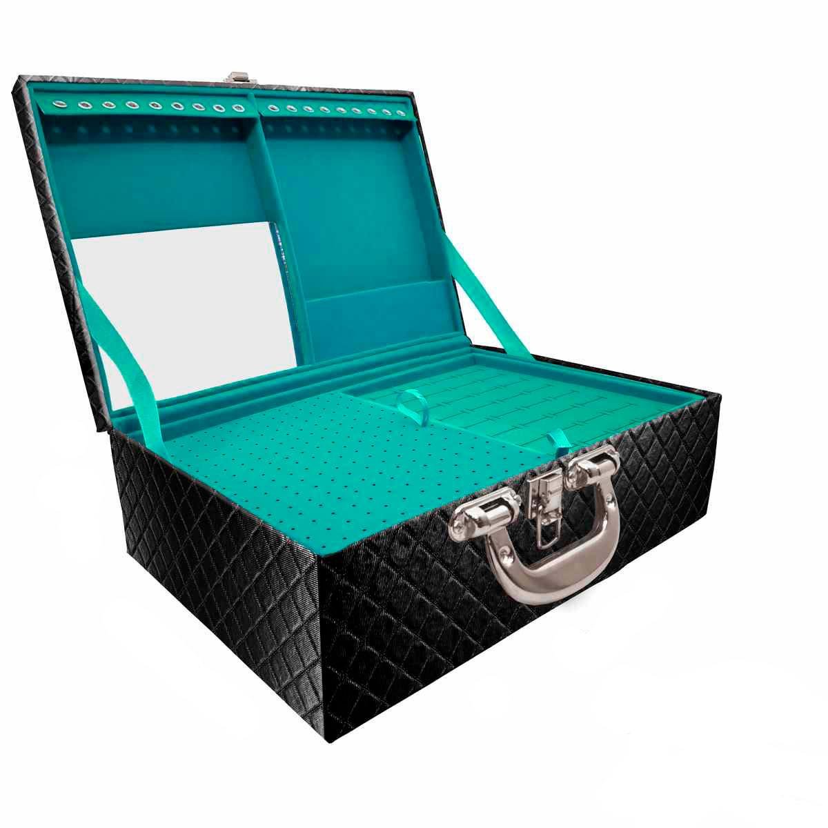 Estojo Maleta Porta Jóias Triplo Grande Dijon Preto Metalizado Com Alça Cromada e Espelho