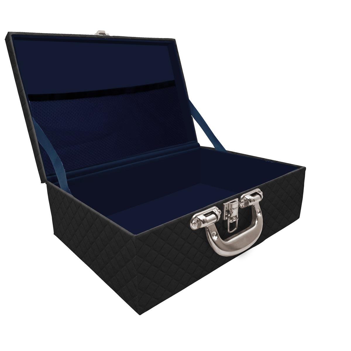 Estojo Maleta Porta Jóias Triplo Grande Dijon Preto Vazia Com Alça Cromada e Redinha