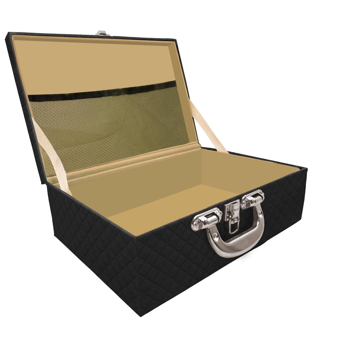 Estojo Maleta Porta Jóias Triplo Grande Dijon Preto Vazia Com Alça Cromada e Redinha