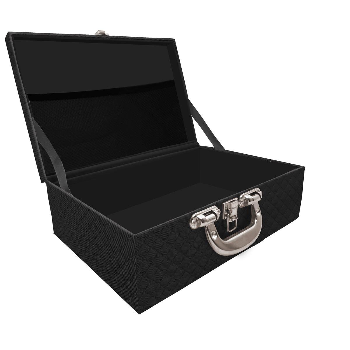 Estojo Maleta Porta Jóias Triplo Grande Dijon Preto Vazia Com Alça Cromada e Redinha