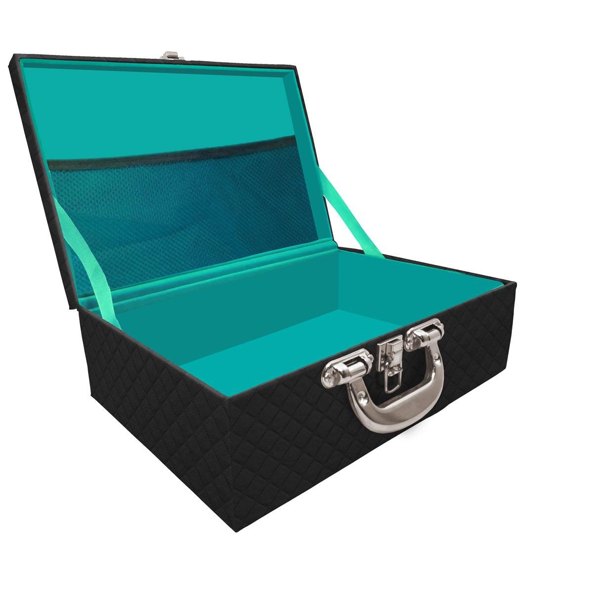 Estojo Maleta Porta Jóias Triplo Grande Dijon Preto Vazia Com Alça Cromada e Redinha