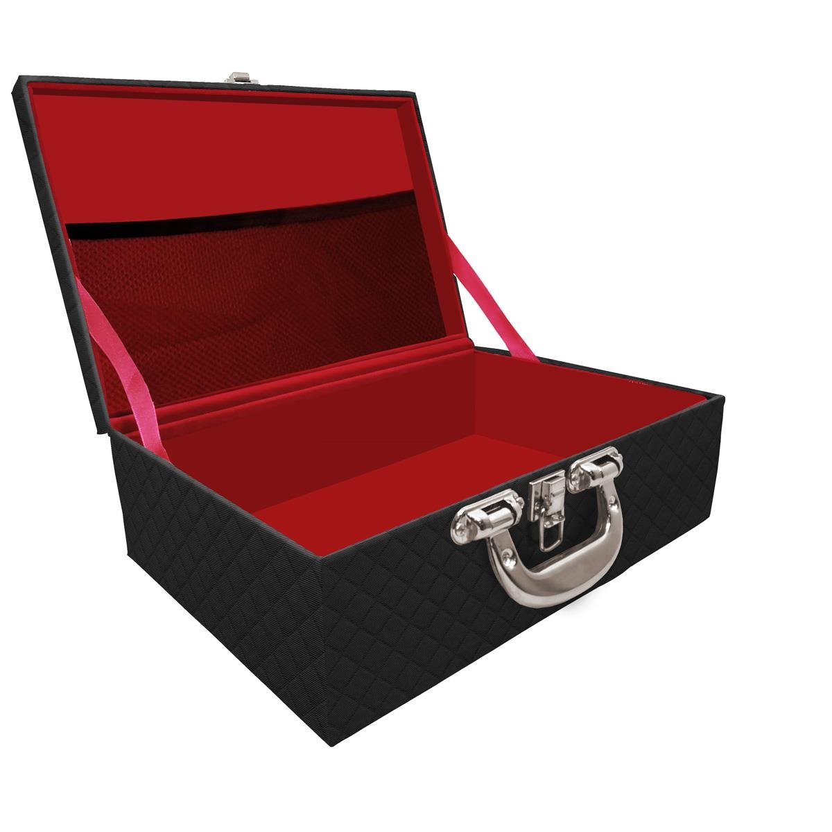 Estojo Maleta Porta Jóias Triplo Grande Dijon Preto Vazia Com Alça Cromada e Redinha