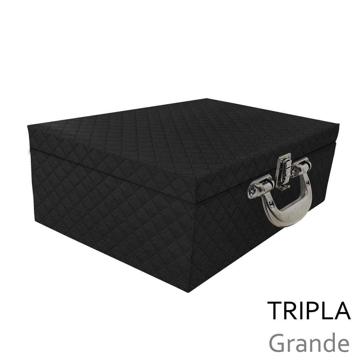 Estojo Maleta Porta Jóias Triplo Grande Dijon Preto Vazia Com Alça Cromada e Redinha