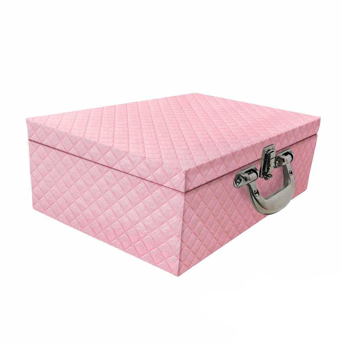 Estojo Maleta Porta Jóias Triplo Grande Dijon Rosa Bebê Metalizado Com Alça Cromada e Espelho