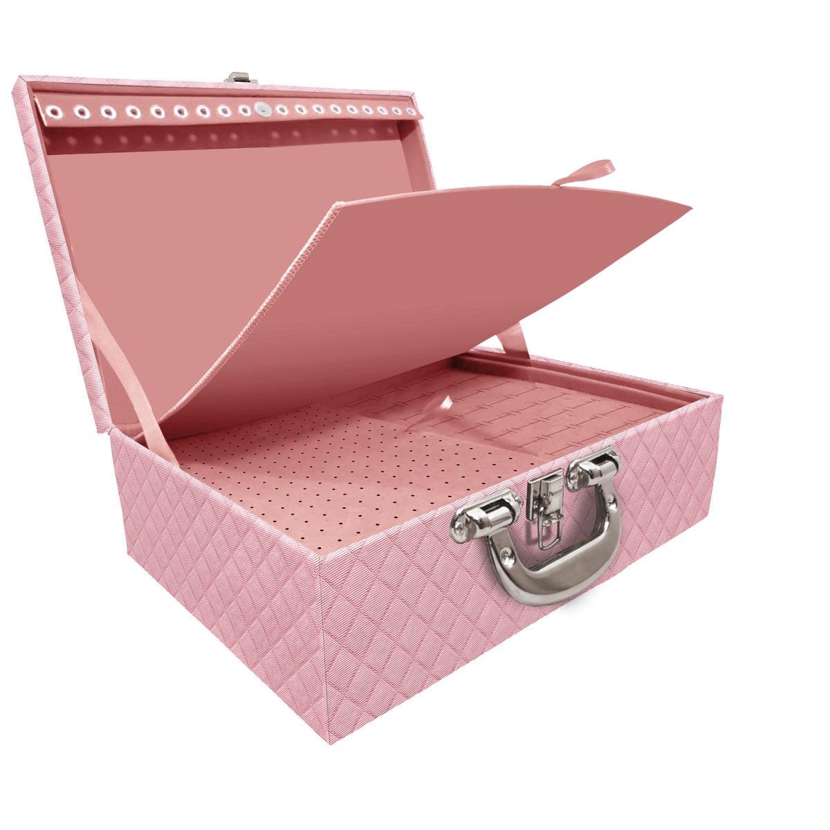 Estojo Maleta Porta Jóias Tripla Grande Dijon Rosa Bebê Metalizado Com Alça Cromada e Imã