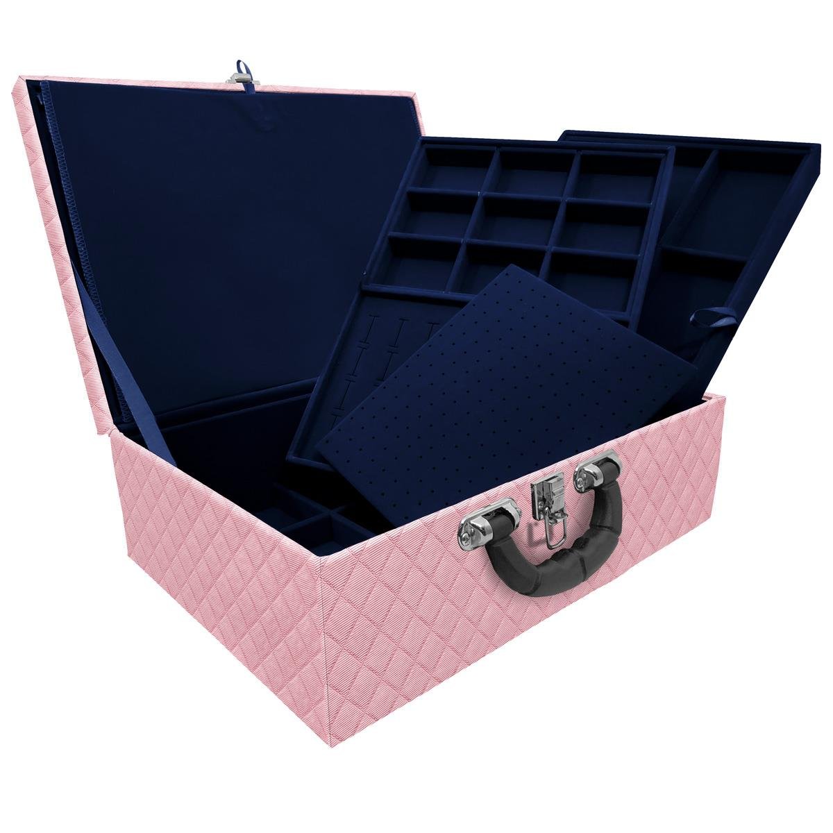 Estojo Maleta Porta Jóias Tripla Grande Dijon Rosa Bebê Metalizado Com Alça Preta e Imã