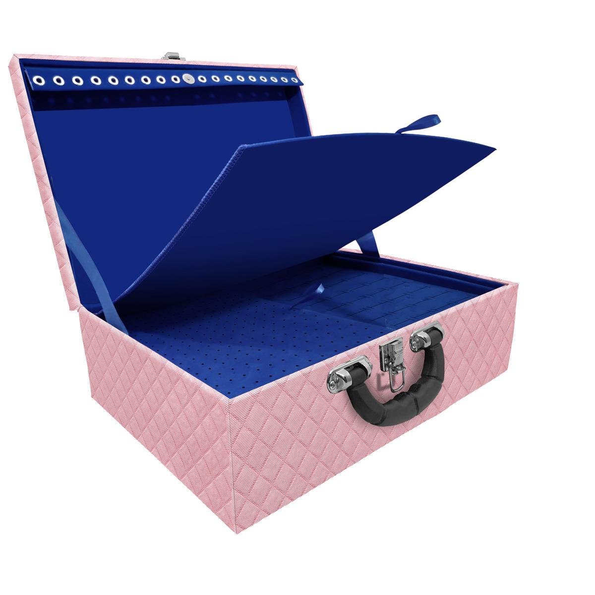 Estojo Maleta Porta Jóias Tripla Grande Dijon Rosa Bebê Metalizado Com Alça Preta e Imã