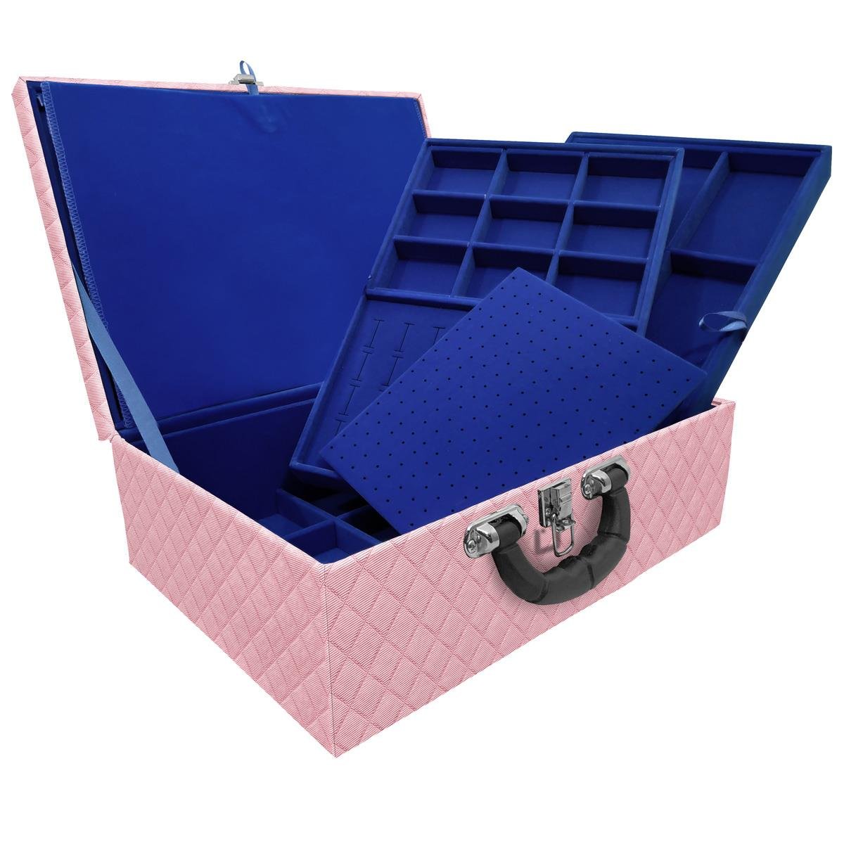 Estojo Maleta Porta Jóias Tripla Grande Dijon Rosa Bebê Metalizado Com Alça Preta e Imã