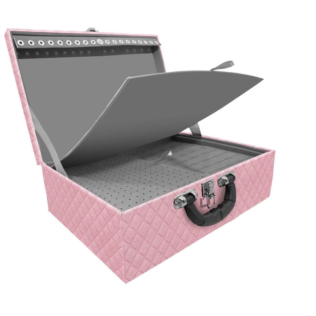 Estojo Maleta Porta Jóias Tripla Grande Dijon Rosa Bebê Metalizado Com Alça Preta e Imã