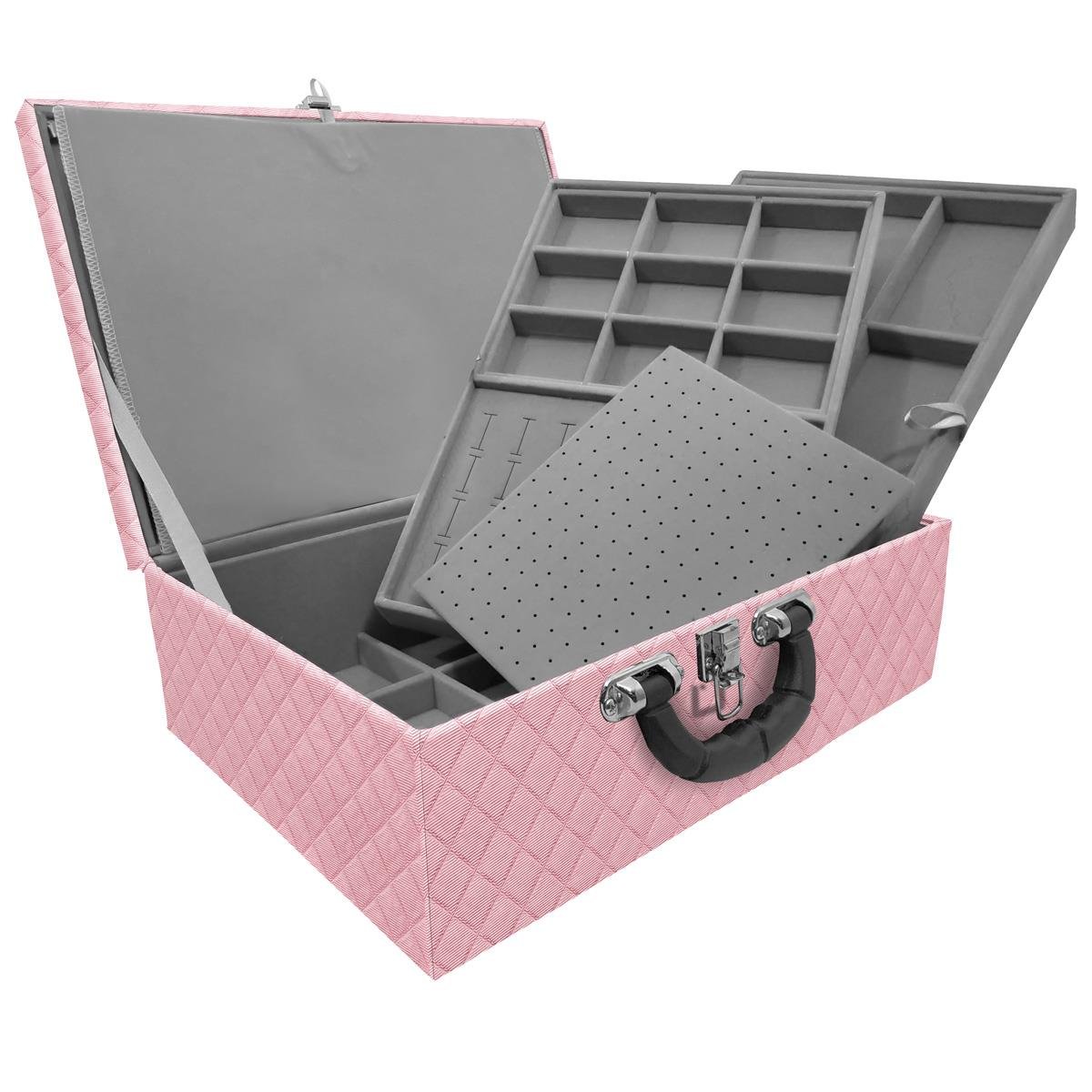 Estojo Maleta Porta Jóias Tripla Grande Dijon Rosa Bebê Metalizado Com Alça Preta e Imã