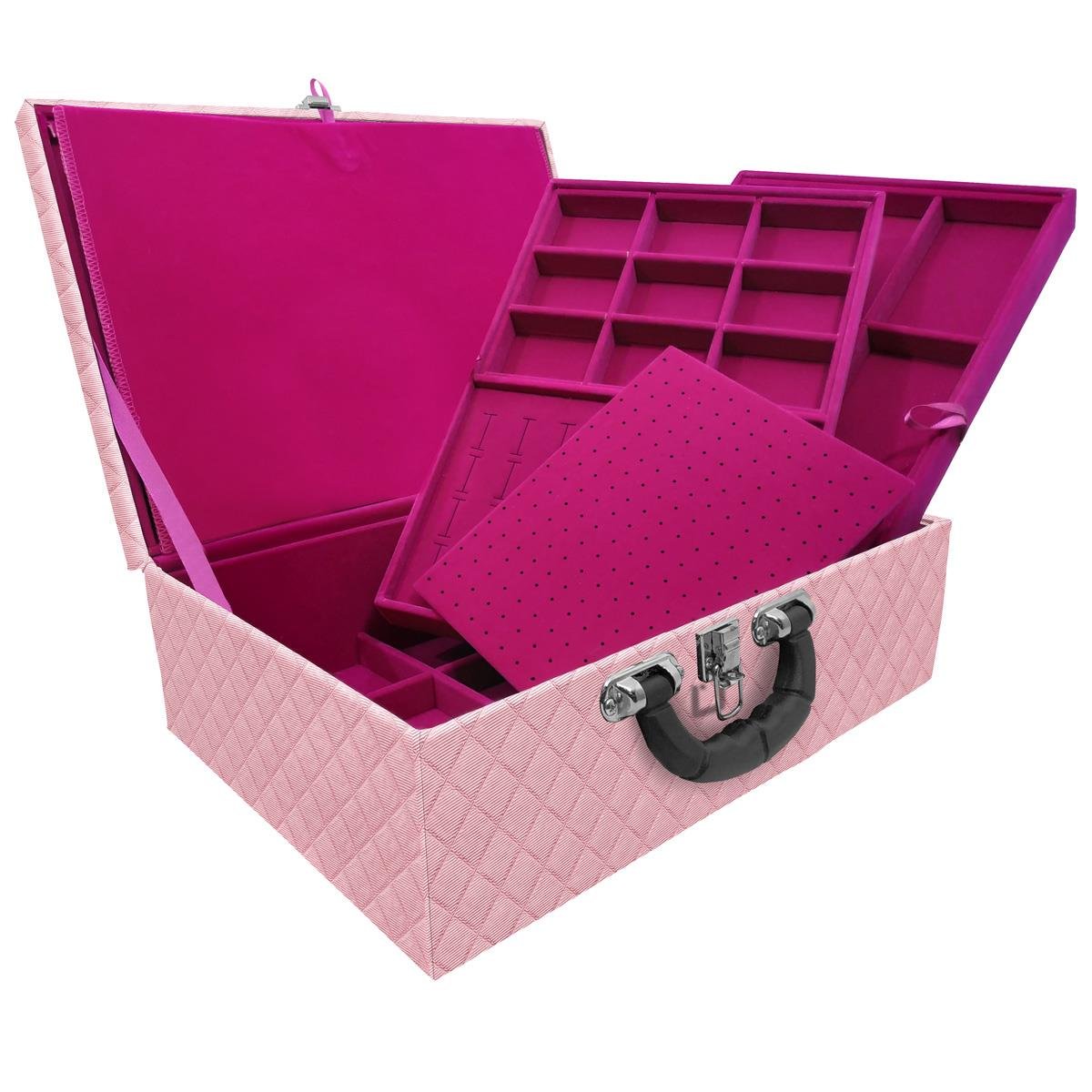 Estojo Maleta Porta Jóias Tripla Grande Dijon Rosa Bebê Metalizado Com Alça Preta e Imã