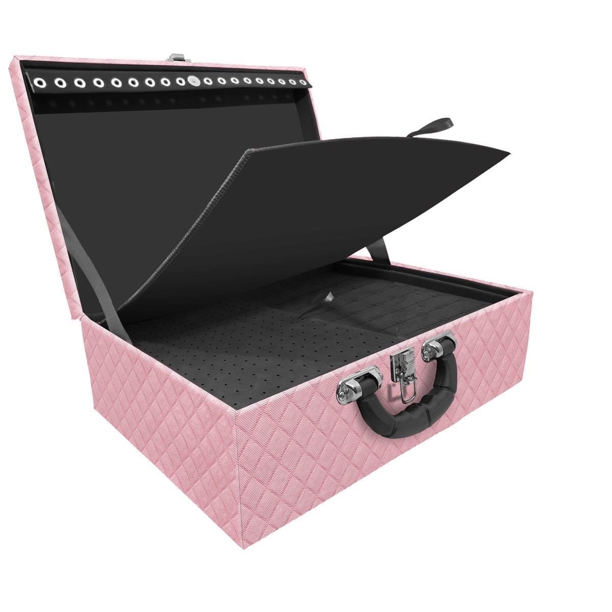 Estojo Maleta Porta Jóias Tripla Grande Dijon Rosa Bebê Metalizado Com Alça Preta e Imã