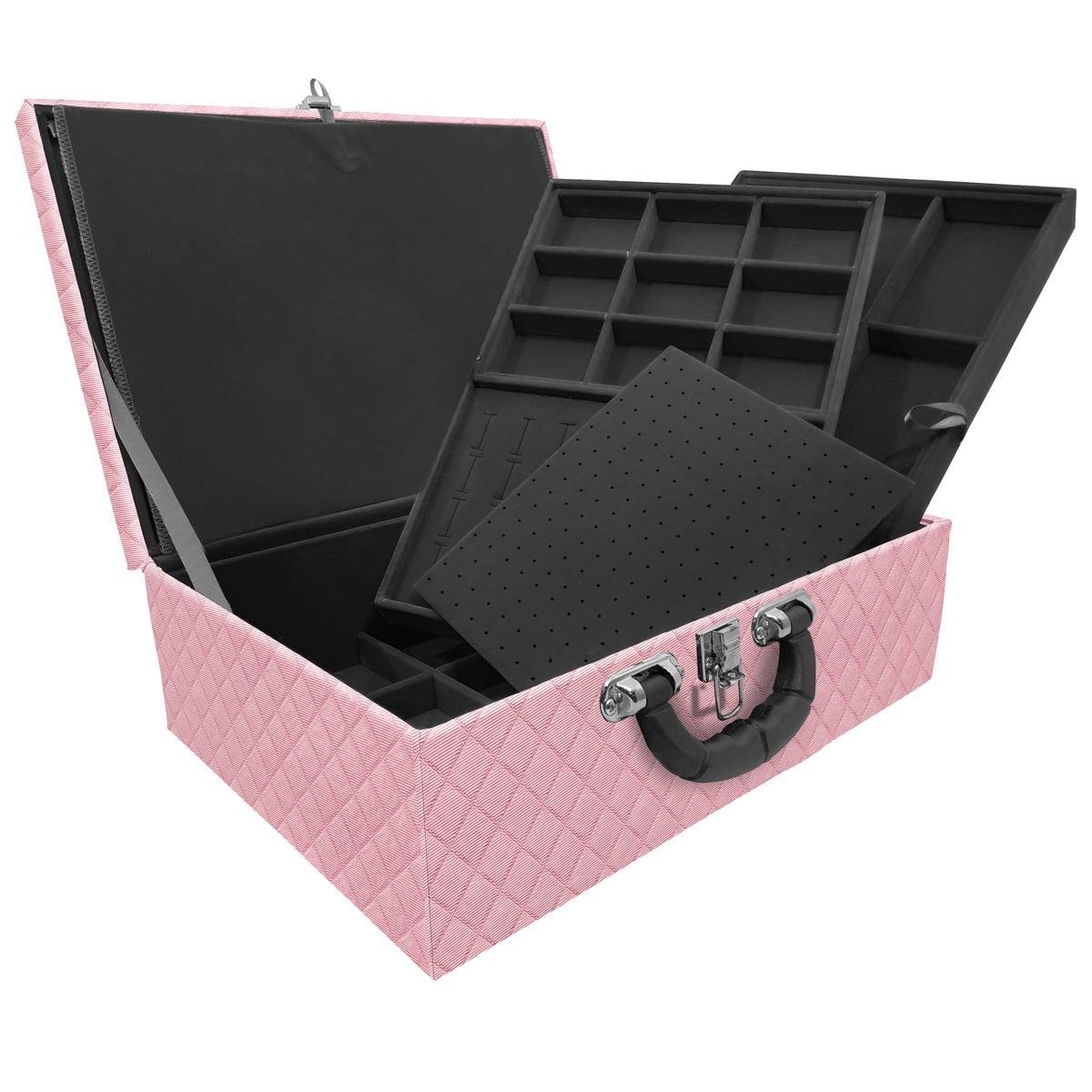 Estojo Maleta Porta Jóias Tripla Grande Dijon Rosa Bebê Metalizado Com Alça Preta e Imã