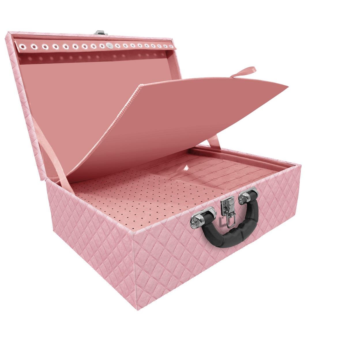 Estojo Maleta Porta Jóias Tripla Grande Dijon Rosa Bebê Metalizado Com Alça Preta e Imã