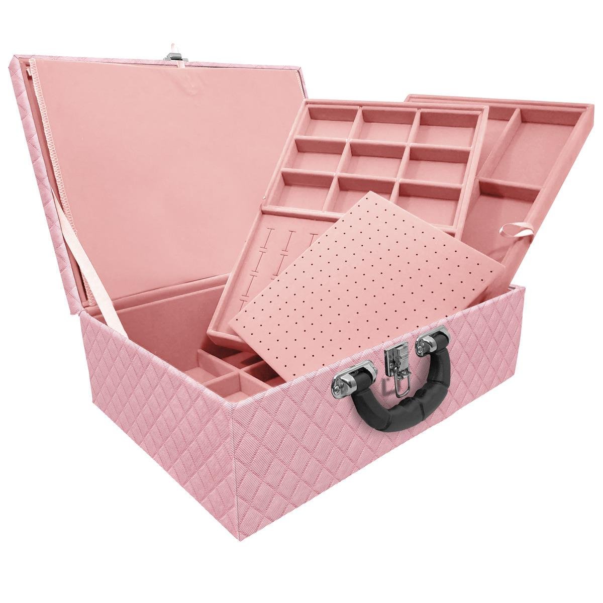 Estojo Maleta Porta Jóias Tripla Grande Dijon Rosa Bebê Metalizado Com Alça Preta e Imã