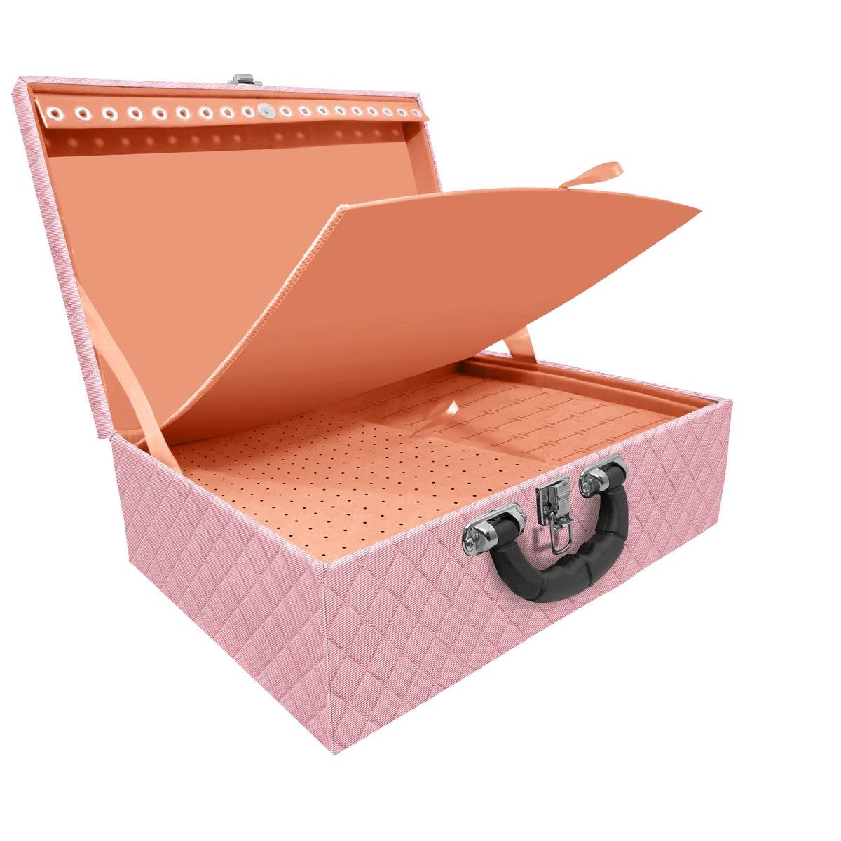 Estojo Maleta Porta Jóias Tripla Grande Dijon Rosa Bebê Metalizado Com Alça Preta e Imã