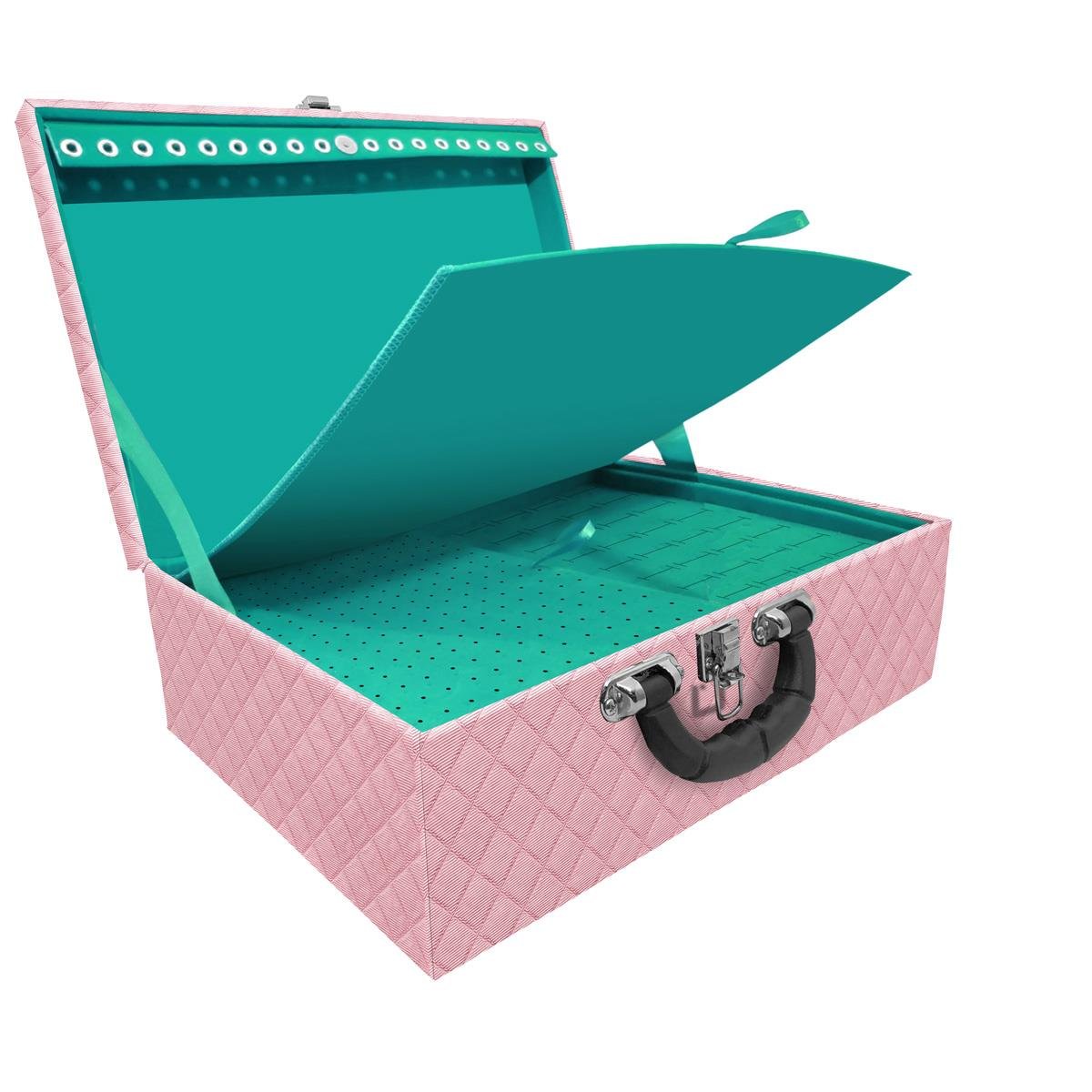 Estojo Maleta Porta Jóias Tripla Grande Dijon Rosa Bebê Metalizado Com Alça Preta e Imã