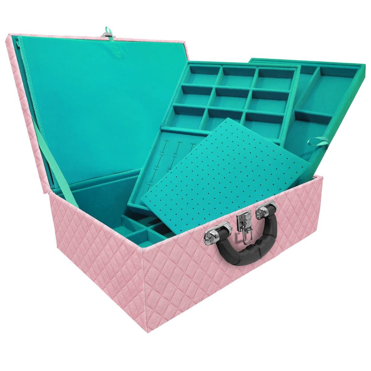 Estojo Maleta Porta Jóias Tripla Grande Dijon Rosa Bebê Metalizado Com Alça Preta e Imã