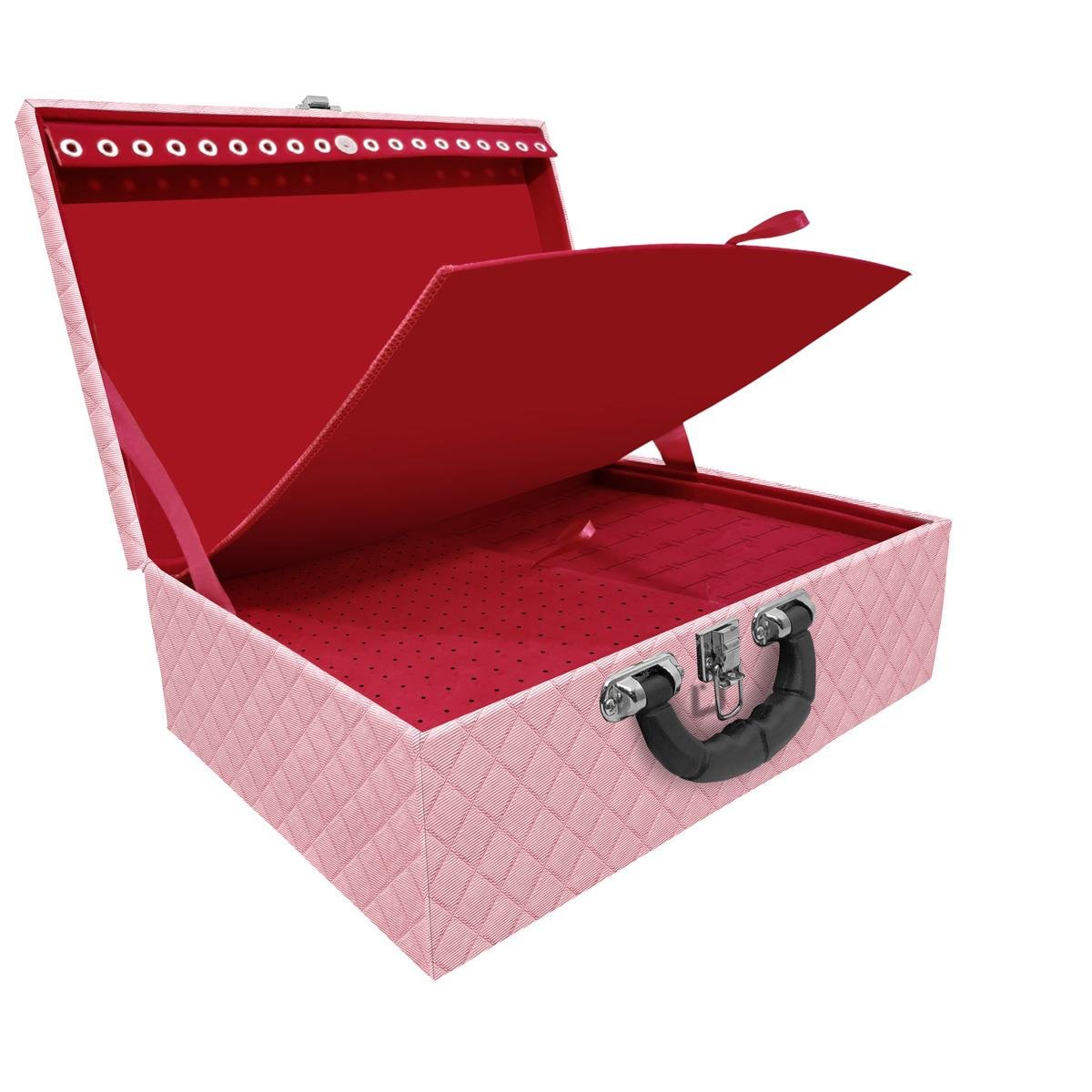 Estojo Maleta Porta Jóias Tripla Grande Dijon Rosa Bebê Metalizado Com Alça Preta e Imã