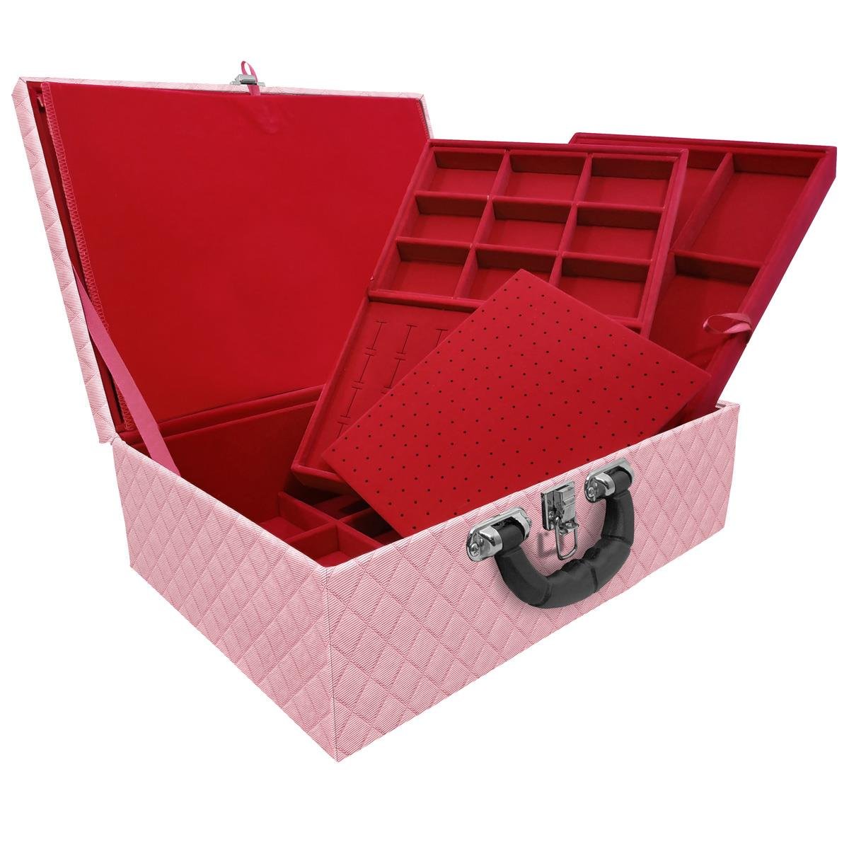 Estojo Maleta Porta Jóias Tripla Grande Dijon Rosa Bebê Metalizado Com Alça Preta e Imã