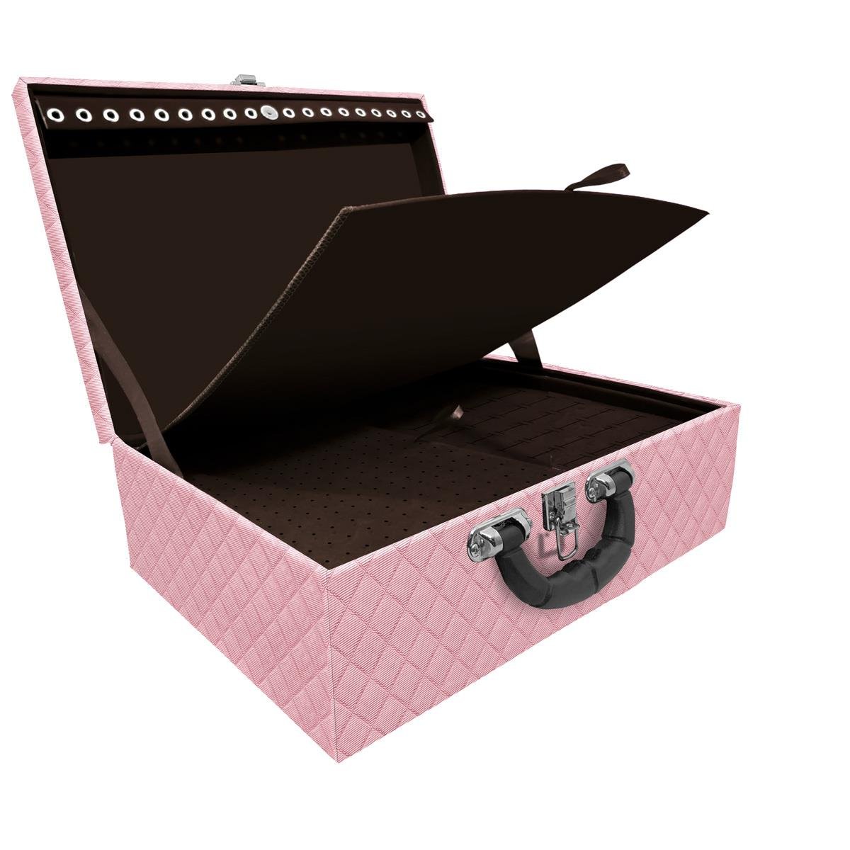 Estojo Maleta Porta Jóias Tripla Grande Dijon Rosa Bebê Metalizado Com Alça Preta e Imã