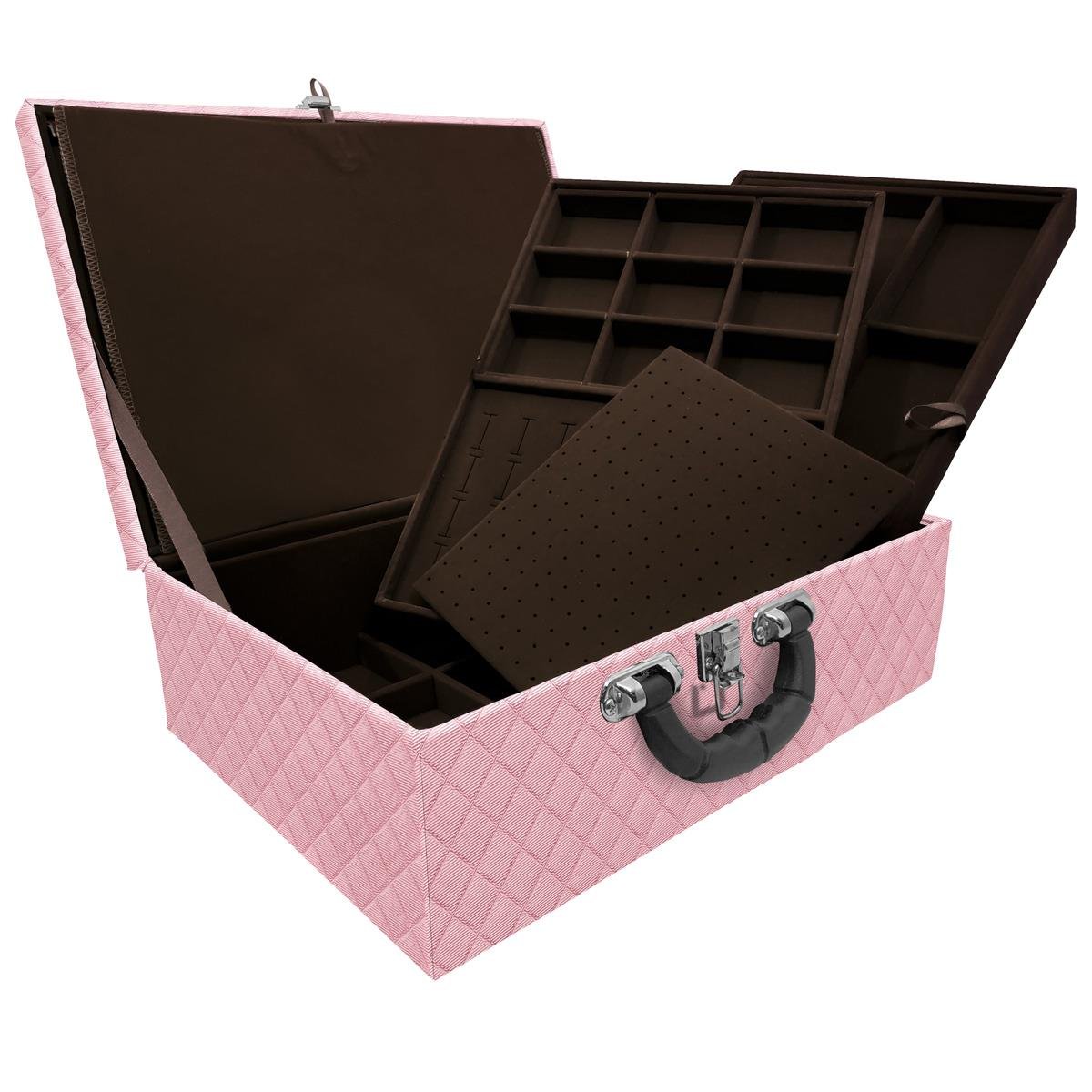 Estojo Maleta Porta Jóias Tripla Grande Dijon Rosa Bebê Metalizado Com Alça Preta e Imã