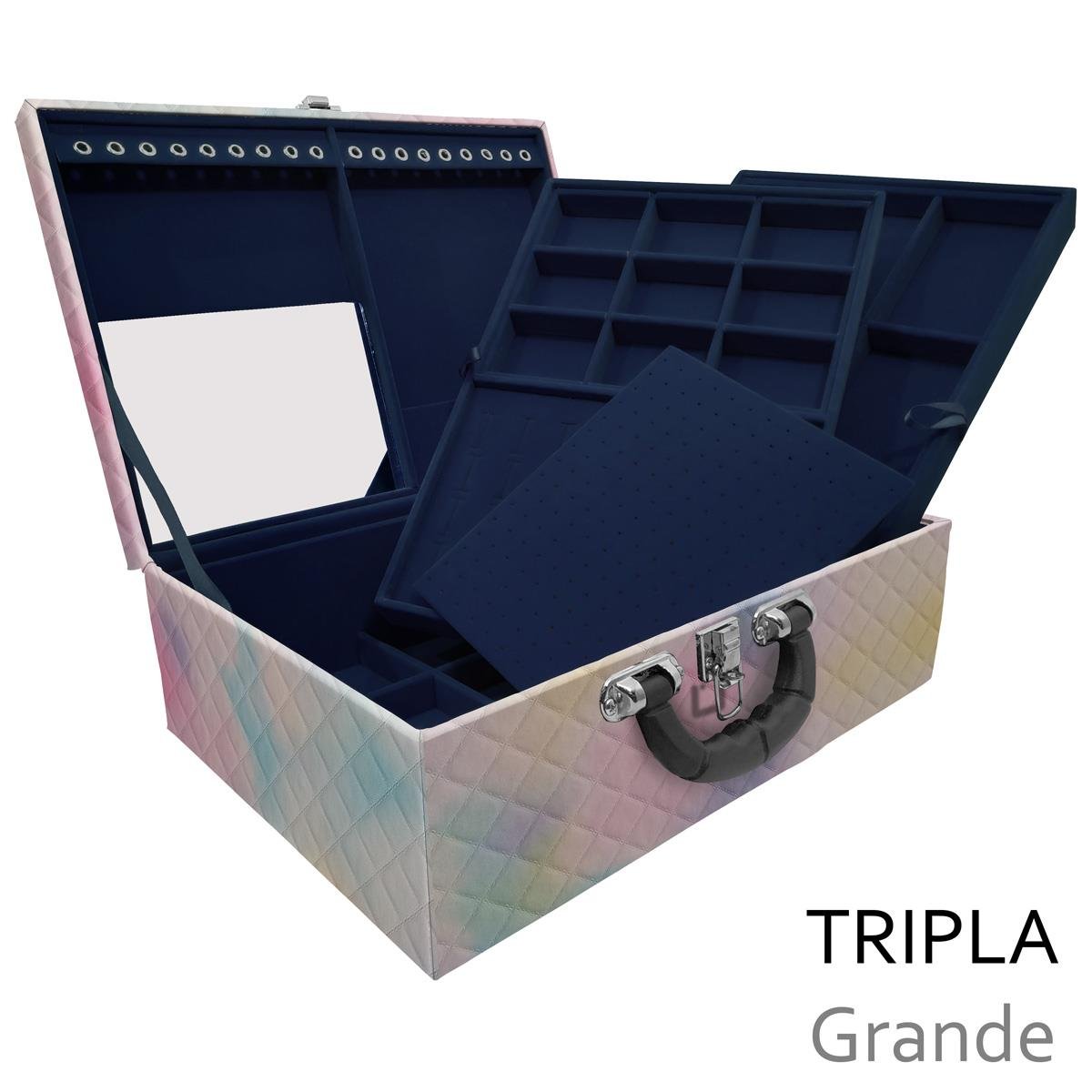 Estojo Maleta Porta Jóias Triplo Grande Dijon Tie Dye Com Alça Preta e Espelho