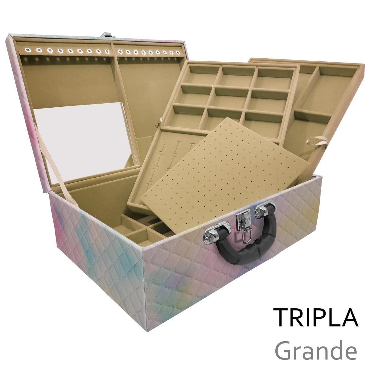 Estojo Maleta Porta Jóias Triplo Grande Dijon Tie Dye Com Alça Preta e Espelho