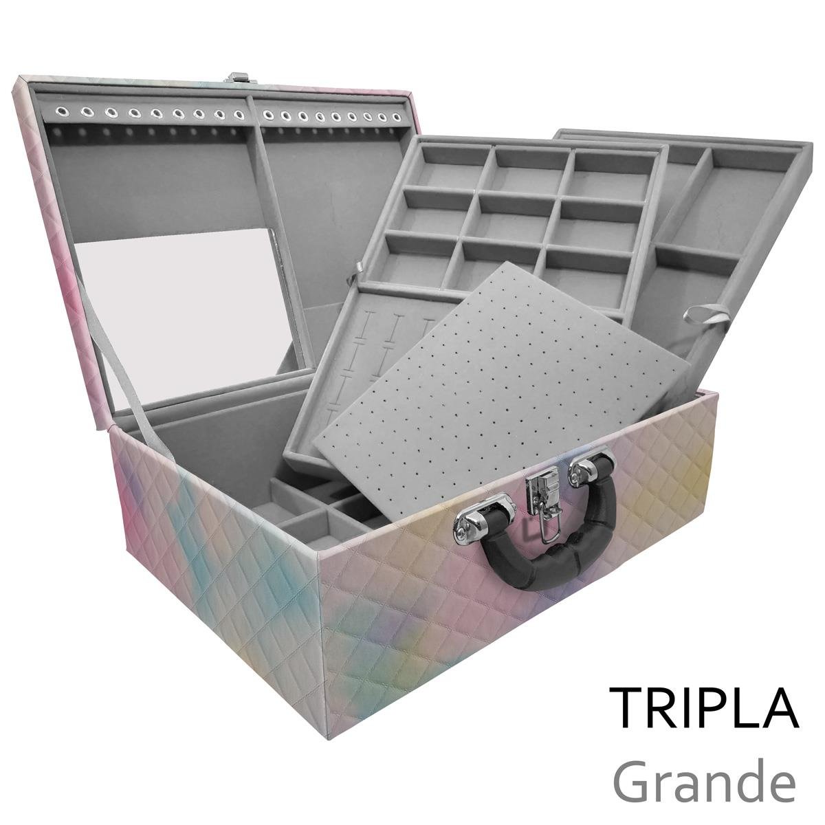 Estojo Maleta Porta Jóias Triplo Grande Dijon Tie Dye Com Alça Preta e Espelho